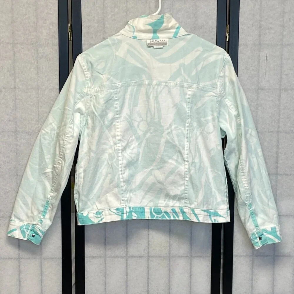 Impulse California Trucker Jean Jacket M White Aqua Pop Art Graphic Female Faces - Picture 6 of 12